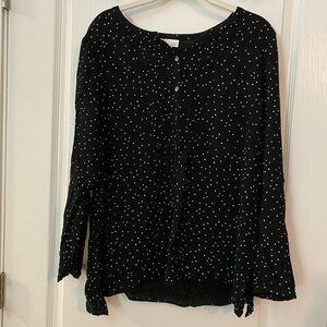 j‎ jill black button down long sleeve blouse white speckles shirt